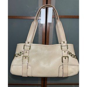 Kenneth Cole Cream Pebbled Leather Chain Embellished Satchel Tote Handbag Hobo